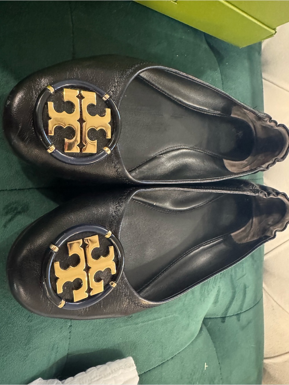 Tory Burch Black Leather Logo Ballet Flats with Gold Emblem